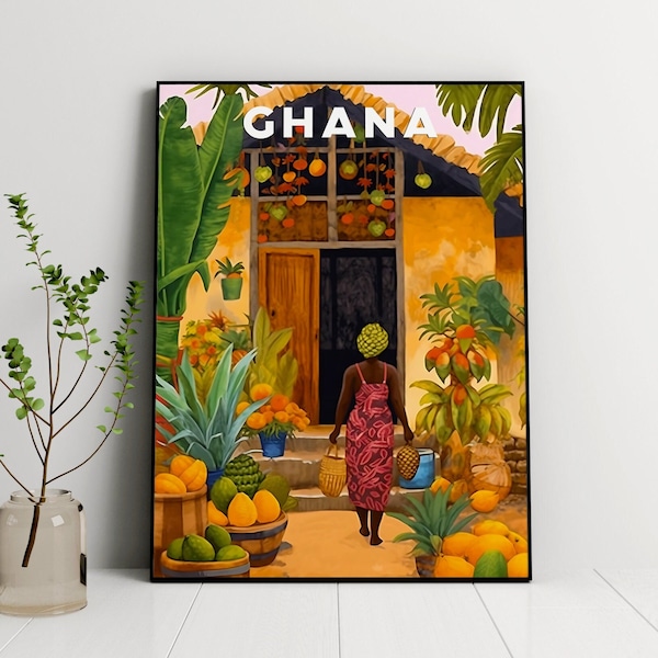 Ghana illustratie, Ghana Wall Art, Afrika reizen, reizen print, tropische kunst, botanische illustratie, Afrikaans dorp, Afrika