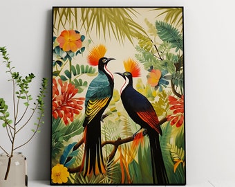 African Birds Art Print: Tropical Floral Nature Painting (Digital Download)