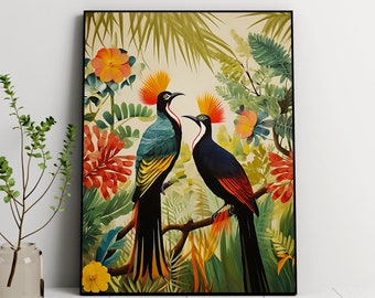 African Birds Painting, Floral Nature Prints, Living Room Decor, Printable wall art, Tropical wall art