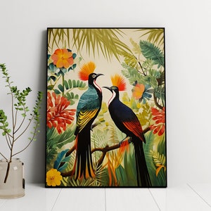 Pintura de pájaros africanos, estampados florales de la naturaleza, decoración de la sala de estar, arte de pared imprimible, arte de pared tropical