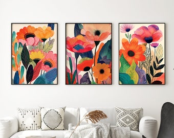 Conjunto de impresiones botánicas florales coloridas: Arte mural de galería (descarga digital)