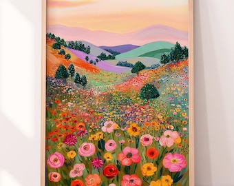 Pastel Mountain Landscape Print: Floral Hillside Nature Art (Digital Download)