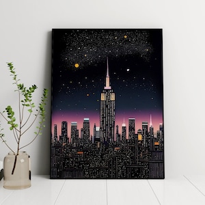New York Skyline at Night Illustration, Digital Download, Cityscape wall art, NYC