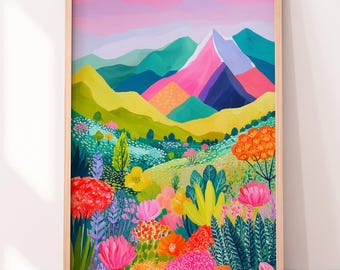 Vibrant Mountain Landscape Wall Art – Colorful Floral Nature Print for Living Room Decor