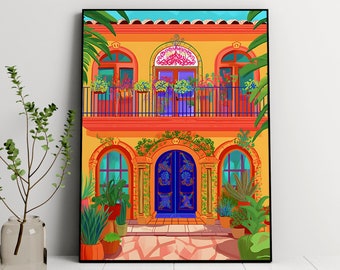 Mexico Traditional Courtyard, Mexican Hacienda art print, Mexico Traditional Courtyard, Travel illustration