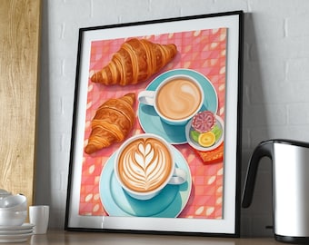 Arte de pared imprimible con café, arte de croissant, pasteles, regalos de café, arte de pared de cocina, regalos para amantes del café, regalos para ella