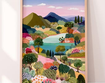 Colorful Folk Art Landscape Print, Whimsical Cottagecore Mountain Wall Decor