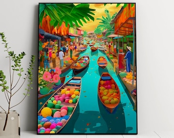 Bangkok Floating Market Art Print: Colorful Thailand Travel Poster (Digital Download)
