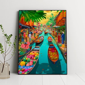 Floating Markets Thailand, Bangkok Travel, Thailand Travel Poster, Colorful Wall Art, Birthday present, Housewarming gift, Anniversary