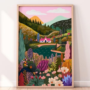 Colorful Cottage Landscape Digital Art - Whimsical Nature Wall Art - Printable Illustration for Home Decor