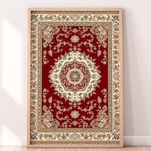 May include: A framed print of a red and gold patterned rug with a central medallion. The rug has a traditional design with intricate details.