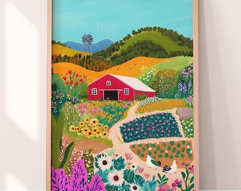 Rustic Farmhouse Landscape Art - Vibrant Countryside Digital Print - Red Barn Wall Art Decor