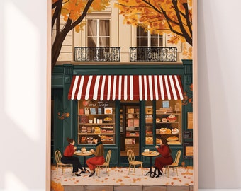 Autumn Paris Cafe Illustration - Cozy Fall Street Scene Digital Art Print