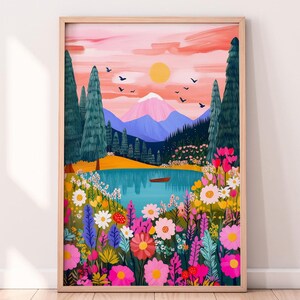 花の山の湖のアートプリント：鮮やかな風景（デジタルダウンロード）