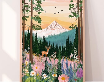 Woodland Adventure Nursery Art | Mountain Landscape with Deer | Kids Room Decor