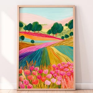 Arte de parede com paisagem em explosão de cores – Impressão de terapia da alegria – Campo de flores vibrantes – Arte da natureza em arco-íris – Download digital