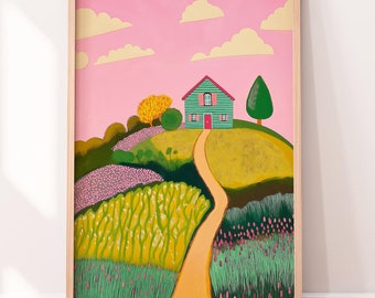Whimsical Cottage in a Dreamy Landscape - Colorful Pastel Art for Cozy Home Decor