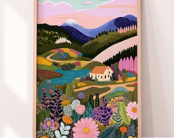 Floral Mountain Cottage Art Print: Whimsical Landscape (Digital Download)