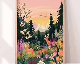 Colorful Mountain Forest Nursery Art | Deer Wildflowers | Kids Room Digital Print