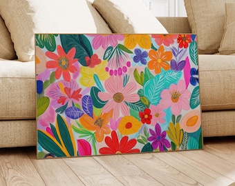 Abstrakte Blumenzeichnung, bunte botanische Wandkunst, tropischer heller lebendiger Druck, digitaler Download