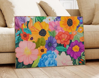 May include: A colorful floral print with a variety of flowers in shades of pink, purple, yellow, orange, and blue. The flowers are arranged in a dense cluster, creating a vibrant and cheerful design.