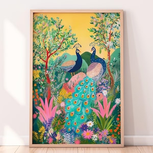 Bunter Pfau Wandkunst, Indischer Tierdruck, Botanische Garten Illustration, Lebendige Blumige Digitaler Download