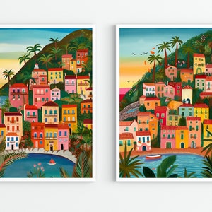 Positano illustration Set of 2, Amalfi Coast, Italy art, Art print, Wall Art, Travel illustration, Housewarming gift, Anniversary image 1
