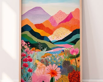 Colorful Mountain Wall Art, Abstract Landscape Print, Maximalist Floral Printable Art