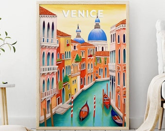 May include: A vintage travel poster featuring a colorful illustration of Venice, Italy. The poster depicts a canal with gondolas and buildings with red, orange, yellow, and blue accents. The text "VENICE" is printed in white letters at the top of the poster.