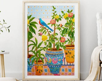 Summer in Sicily, Printable Digital, Italy Travel, Colorful Wall Art, Travel Illustration, Europe Wall Art, Tile plant art