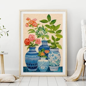 Flores en un arte de pared de jarrón de azulejos, impresión de arte de plantas de casa botánica, arte de pared de jarrones boho, arte de pared de plantas, colección de plantas de la casa