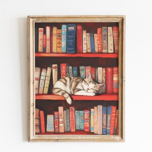May include: A framed painting of a white and tabby cat sleeping on a bookshelf filled with colorful books. The bookshelf has three shelves and is painted red. The cat is curled up on the middle shelf.