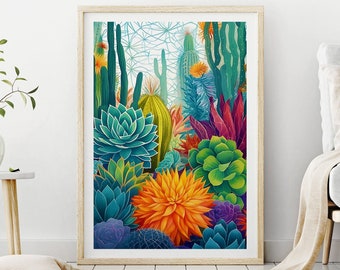 Tropische botanische muurkunstprint, cactus- en vetplantendecor, kleurrijke muurkunst, planten en bloemenkunst