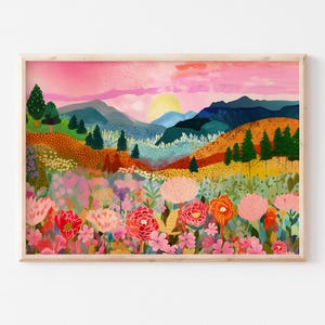 Colorful Floral Mountain Landscape Wall Art – Vibrant Wildflower Field Printable Sunset