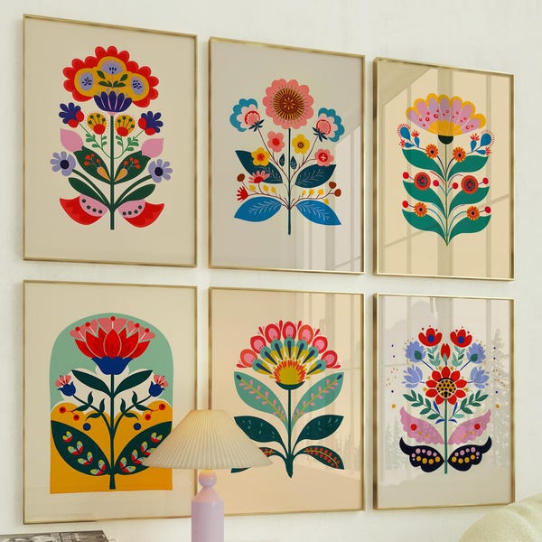 Nordic Floral Art Prints: Scandinavian Folk Art Set (Digital Download)