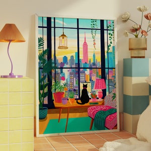Cat in New York Art Print: Colorful Maximalist NYC Decor (Digital Download)