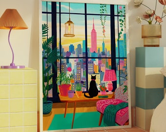 Cat in New York Art Print: Colorful Maximalist NYC Decor (Digital Download)