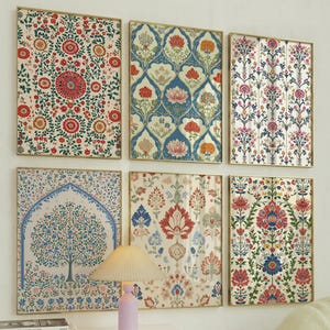 Mughal Floral Botanical Prints, Indian Folk Art Wall Decor Set of 6 (Digital Download)