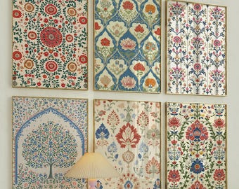 Mughal Floral Botanical Prints, Indian Folk Art Wall Decor Set of 6 (Digital Download)