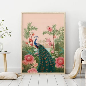 Peacock Painting, Tropical Wall Art, Vintage Prints, Digital Download, Indian Art, Animal Print, Living Room Decor, Floral Wall Art