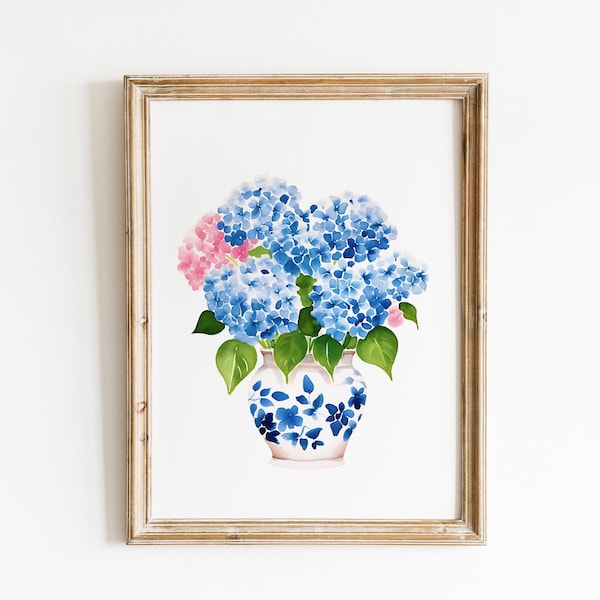 Hydrangea Print, Hydrangea Art, Hydrangea Painting, Blue and White Vase Planter, Delft Blue Vase, Floral wall art