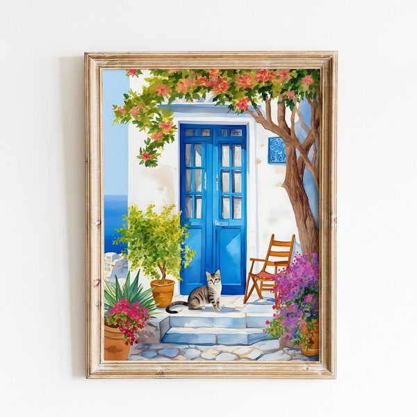 Greek Cottage Art Print, Lefkes Paros Print, Greece Travel, Greek Islands Print, Cat Lover Gift, Greek Streets Wall Art, Greece Wall Art