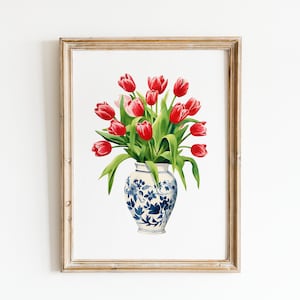 Tulpen rood boeket blauw witte vaas bloemen bloemen Art Print gemberpot gouache Boho moderne Wall Art decor boerderij decor afbeelding 1