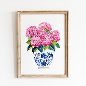 Estampado de hortensias rosas, maceta azul y blanca, decoración de pared moderna estilo bohemio, decoración de granja, floral