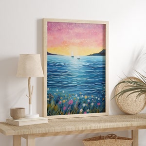 Pintura de paisaje marino, cielo rosa, arte de pared colorido, impresión vibrante brillante de verano, cartel de cielo estrellado Digital imprimible, nubes rosas