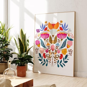 Scandinavian Folk Art, Flower Wall Art, Nordic Art, Norwegian Flower Art, Bedroom Living Room Home Decor, Digital Download