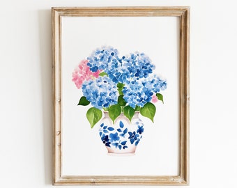 Hydrangea Watercolor Print: Delft Blue Vase Floral Art (Digital Download)