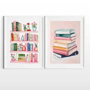 Cosy Bookshelf Illustration Set of 2, Book Lover Art, Home Office Bookworm Library Reading Nook Wall Decor, Digital Download