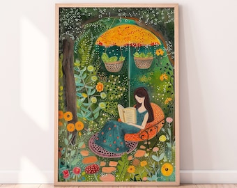 Cosy Library Art Print: Bookworm Reading in Garden (Digital Download)