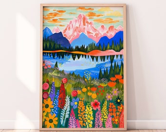 Colorful Floral Landscape Illustration, Maximalist wall art, Vibrant Painting, Digital Download